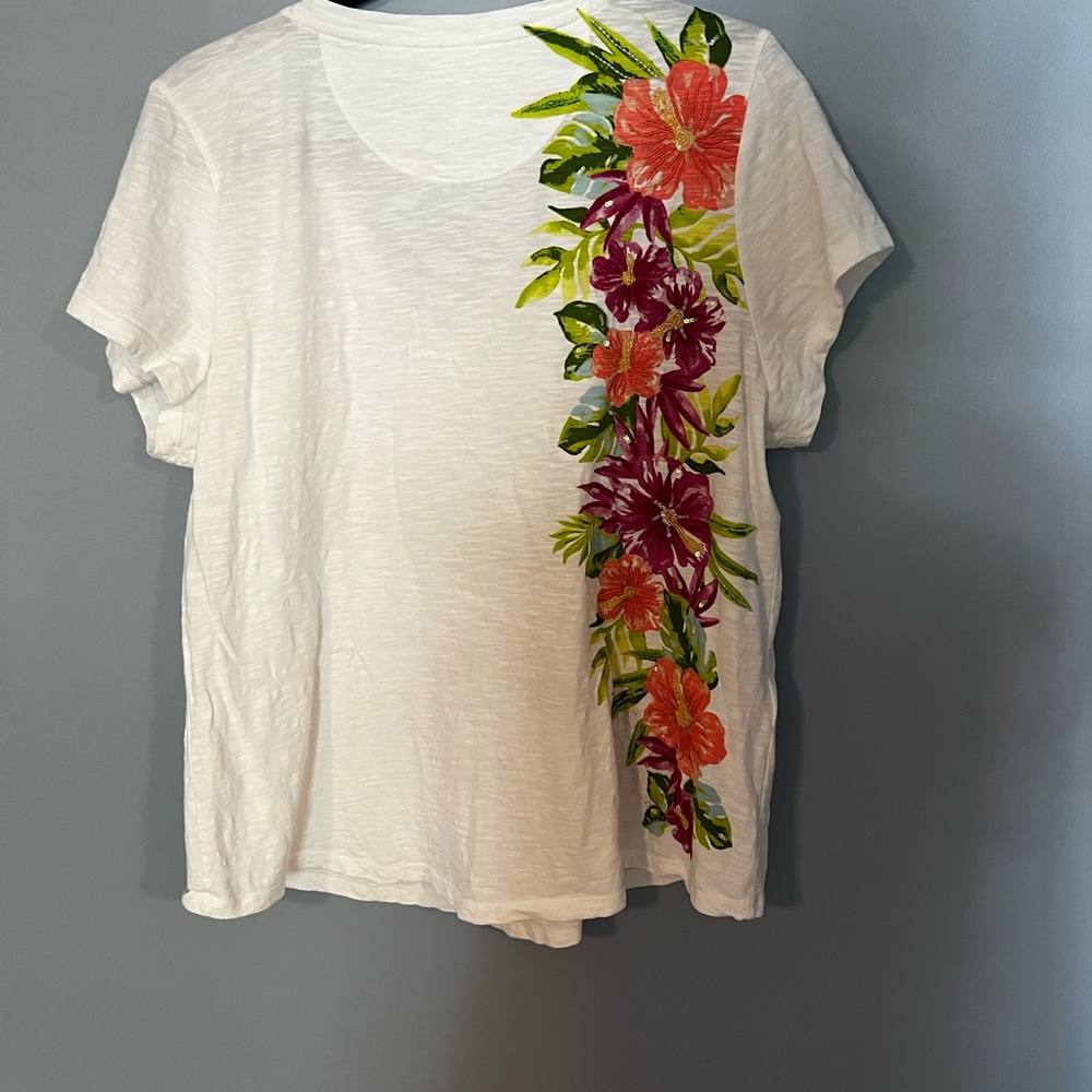 Tommy Bahama White Tee with Coral & Magenta Floral Side Print - Picture 2 of 4